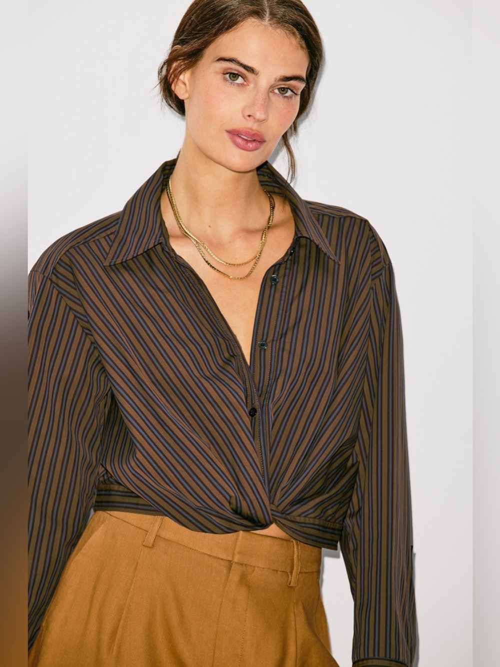 A.L.C. Olive and Black Striped Twist-Front Button-Down Shirt - Picture 3 of 10